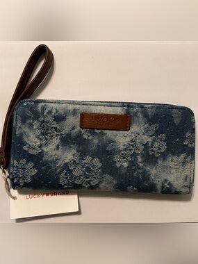 Lucky Brand Blue Floral Denim Wristlet Wallet with Brown Strap